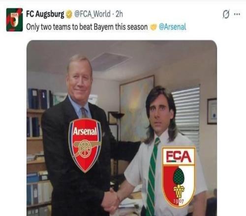 奥格斯堡晒和阿森纳握手梗图:本赛季只有两支球队能击败拜仁
