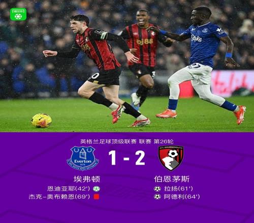 伯恩茅斯21逆转十人埃弗顿，拉扬、阿德利破门，恩迪亚耶点射