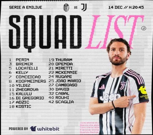 尤文公布客战博洛尼亚大名单:与周中欧冠相同,伊尔迪兹领衔