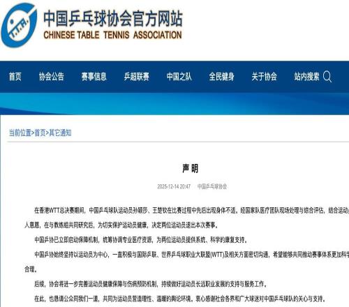 中国乒协回应WTT总决赛孙颖莎、王楚钦退赛