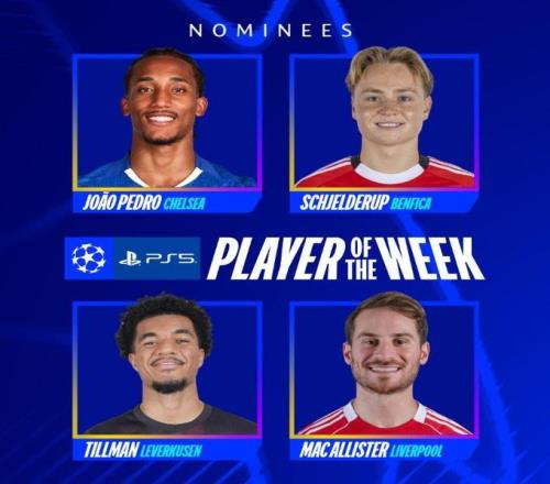 欧冠本轮最佳球员候选:佩德罗、麦卡、谢尔德鲁普、蒂尔曼