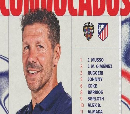 马竞战莱万特名单:格子、小西蒙尼缺阵,一队外场球员剩16人