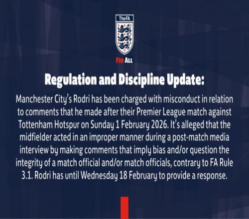 英足总指控罗德里在与热刺比赛后的发言不当，需在2月18日前做出回应_英超直播