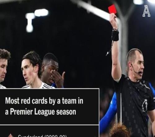 已拿8红,切尔西剩余11轮英超若再拿一红即可追平赛会纪录