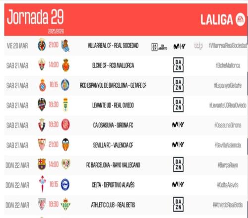 西甲第29轮开赛时间:马德里德比3月23日400开战